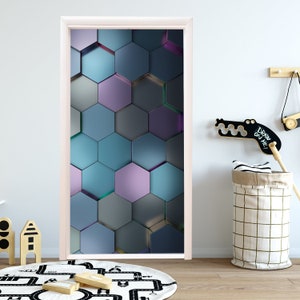 Hexagonal Door Mural for Boy Nursery, Honeycomb Geometric Sticker Door, Wall Fridge Sticker Peel & Stick Cover, Self-adhesive Wrap Door RD24