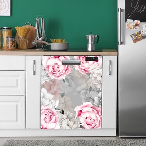 Vaatwasser Machine Vinyl Stickers Zacht Roze Pioenrozen Bloem Decal, Peel & Stick Zelfklevende Vaatwasser Wrap, Keuken Decor Verwijderbaar WM78