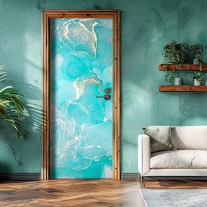 Modern Vinyl Door Sticker for Home, Marble Turquoise Door Decal for Home Decor, Laundry Room, Kitchen, Bedroom Door Mural