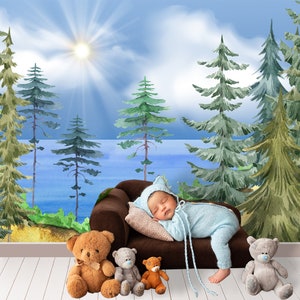 Carta da parati con mare e pineta per cameretta dei bambini, carta da parati decorativa per cameretta dei bambini, carta da parati adesiva per pareti con bosco blu VO9
