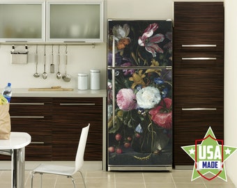 Dark Flower Decal Fridge,Roses Floral Wall Fridge Stickers, Peel & Stick Self Adhesive Sticker Fridge Wrap Retro Kitchen Decor RD148