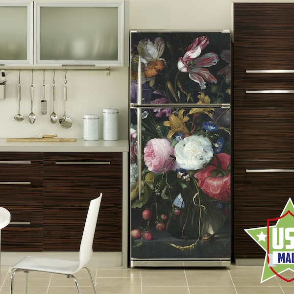 Dark Flower Decal Fridge,Roses Floral Wall Fridge Stickers, Peel & Stick Self Adhesive Sticker Fridge Wrap Retro Kitchen Decor RD148