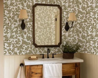 Vintage Botanical Wallpaper Olive Green, Leaf Wallpaper Peel and Stick, Farmhouse Wallpaper, Cottagecore Decor