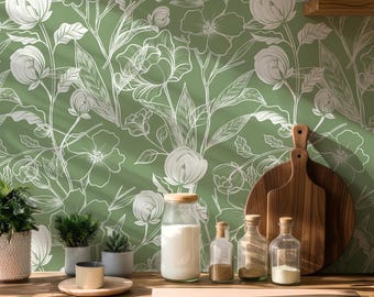Sage green wallpaper for laundry room or kitchen decor, modern botanical Peel and Stick wallpaper, green floral wallpaper farmhouse decor