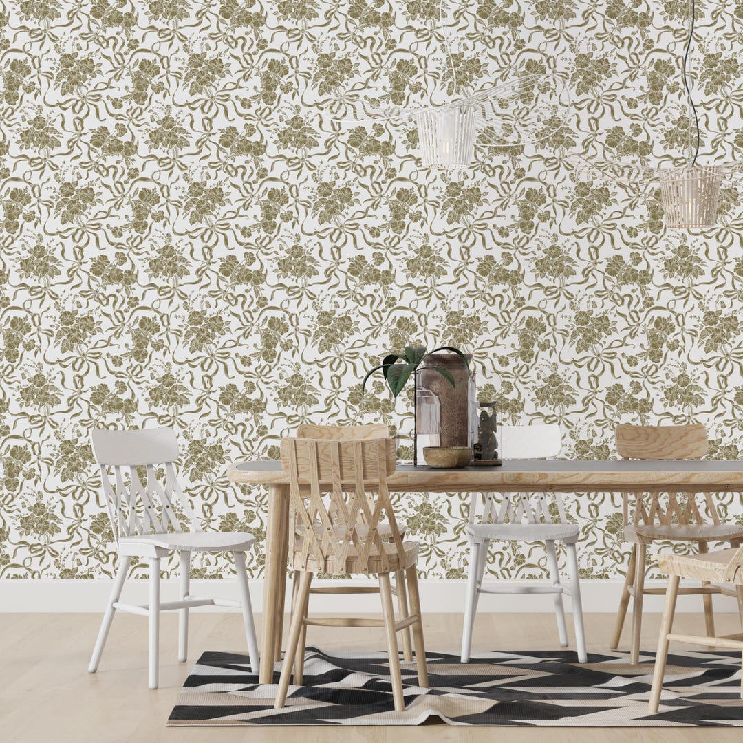Olive Floral Wallpaper Rustic, Vintage Ribbon Floral Wallpaper for ...