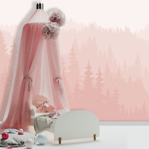 Carta da parati con foresta rosa per la cameretta dei bambini, carta da parati murale con montagna pastello rimovibile per la stanza dei giochi dei bambini, carta da parati pastello autoadesiva VO40