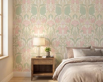 Pastel Floral Wallpaper Peel and Stick, Art Nouveau Wallpaper Soft Pink and Sage Botanical Wall Mural, William Morris Style Bedroom Decor