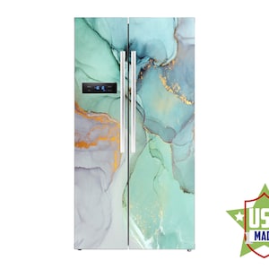 Turquoise Marble Decal Not metalic, Fridge Cover Wall Fridge Stickers Peel & Stick Self Adhesive Fridge Wrap, Modern Kitchen Decor RD122