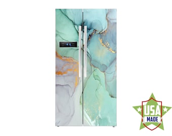 Turquoise Marble Decal Not metalic, Fridge Cover Wall Fridge Stickers Peel & Stick Self Adhesive Fridge Wrap, Modern Kitchen Decor RD122