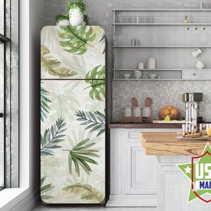 Tropical Leaves Decal Fridge, Large Floral Leaf Wall Fridge Stickers, Peel & Stick Self Adhesive Sticker Fridge Wrap, Kitchen Decor RD100