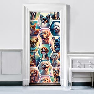 Pop Art Dog Sticker Door Nursery, Graffity Dogs Decor Kids Room, Abstract Mural Removable Front Doors, Bedroom Adhesive Decal Wrap RD421