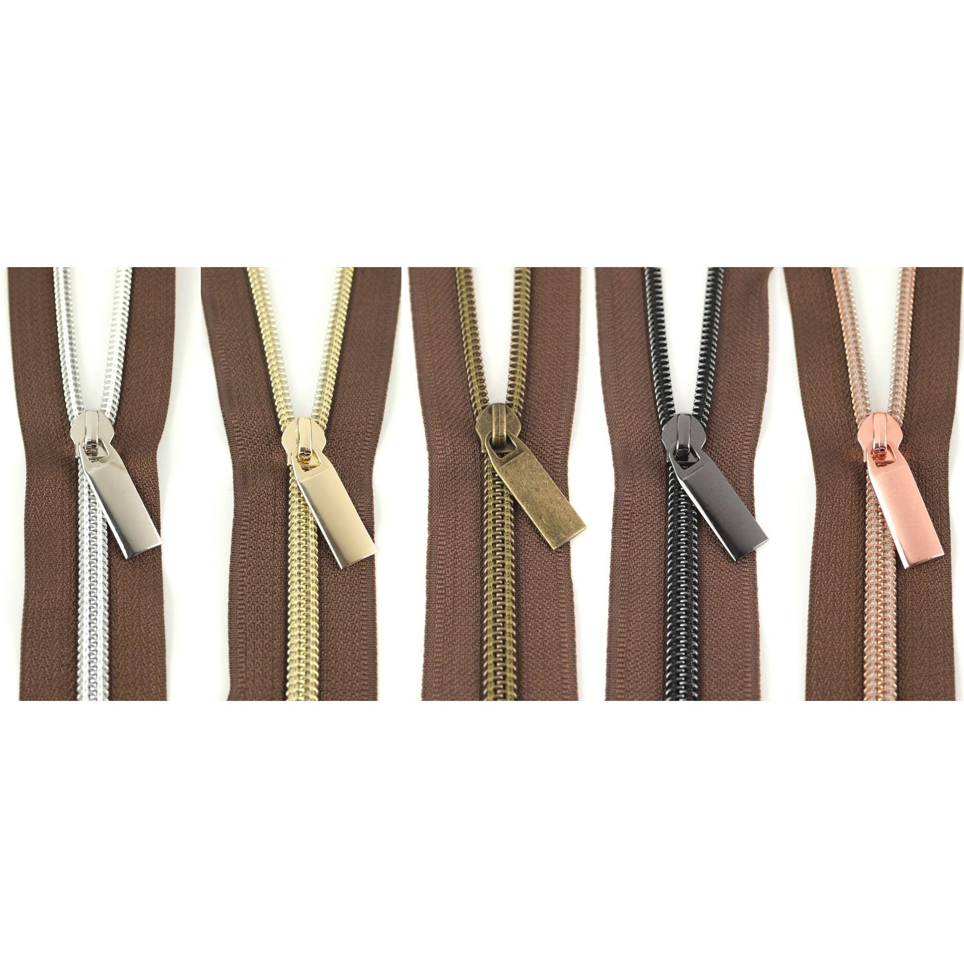 Brown #5 Nylon Coil Zippers: 3 Yards with 9 Pulls – Three Little