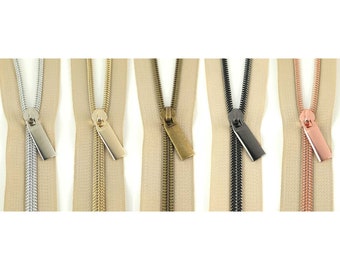 Beige #5 or #3 Nylon Coil Zippers: 3 Yards with 9 Pulls