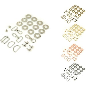 May include: An assortment of metal hardware components in silver, gold, rose gold, and black finishes. The hardware includes washers, D-rings, swivel clasps, rivets, and rectangular buckles. Ideal for crafting and leatherwork projects.