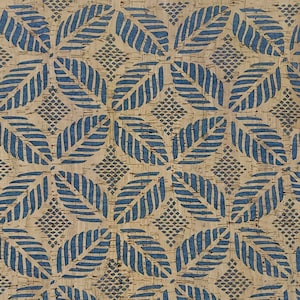May include: A cork fabric with a repeating pattern of blue leaf shapes. The leaves are outlined in a darker blue and have a textured look.