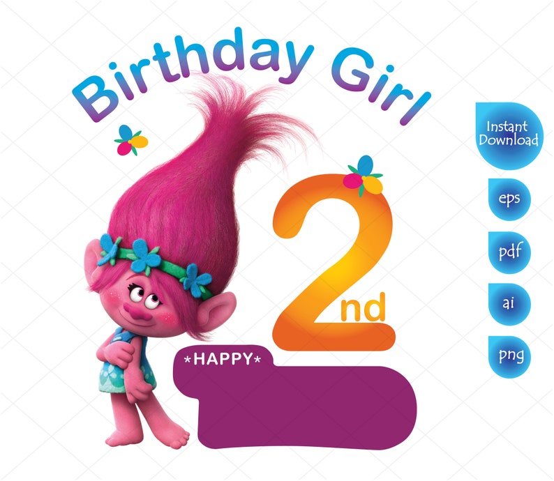 Download Poppy Troll 2nd Birthday Girl Clipart Princess Poppy | Etsy
