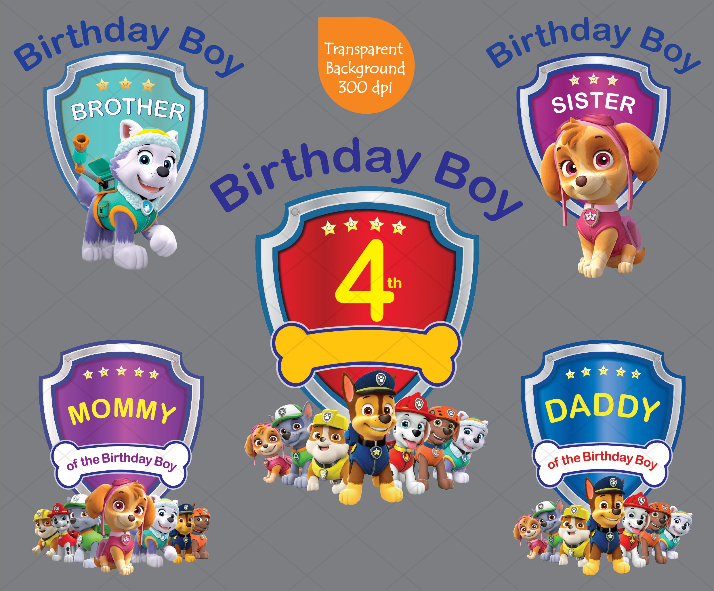 Paw Patrol 4th Birthday Boy Clipart Family Set of 5 Cliparts | Etsy