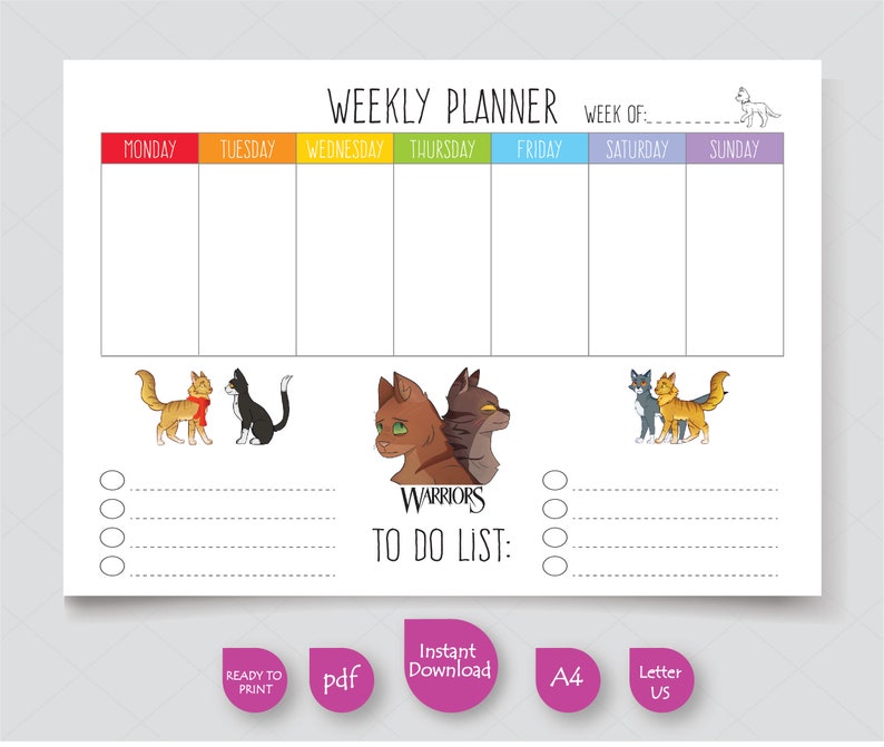 Warrior cats PRINTABLE Weekly Planner Printable Teen Weekly  Etsy
