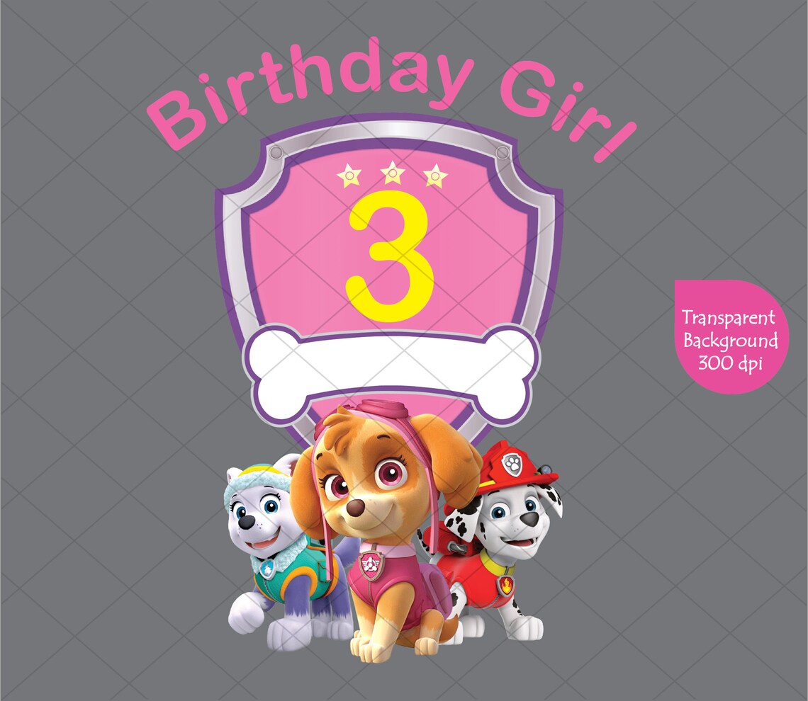 Paw Patrol 3rd Birthday Girl Clipart Printable PNG | Etsy