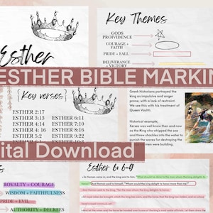 Puede incluir: Descarga digital de una guía de "Esther Bible Marking". El diseño presenta coronas, temas clave, versículos clave y análisis de personajes. La paleta de colores incluye blanco, rosa y burdeos.