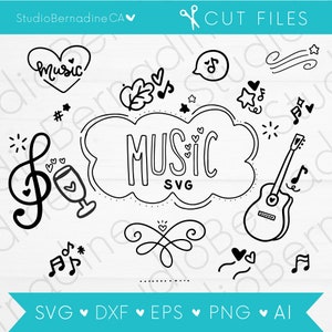 Música dibujada a mano SVG, Elementos musicales SVG, Acentos SVG, Elemento decorativo, Garabatos dibujados a mano, Garabatos vectoriales lindos, Guitarra, Doodle Clip Art