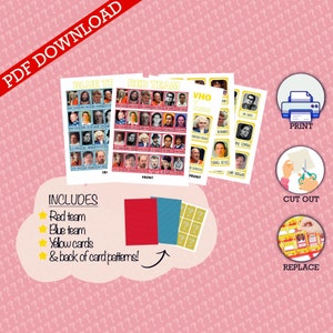 May include: Printable game cards featuring photos of people with the words "Blue Team", "Red Team", and "Who Am I?" printed on the top of each card. The cards are designed to be cut out and used for a game.