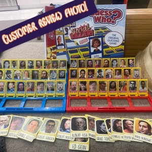 May include: A game of Guess Who? with a Serial Killer Edition theme. The game board is yellow and red with a blue frame. The game cards feature portraits of famous serial killers. The game box is blue and yellow with the text "Guess Who?" and "The Original Guessing Game!" The game cards are laid out on a table.