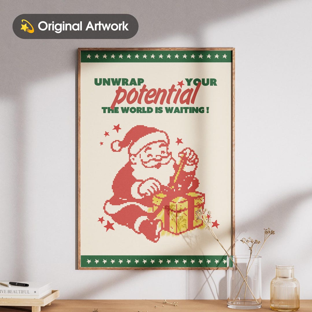 Retro Pixel Santa Christmas Poster | Motivational Holiday Wall Art ...