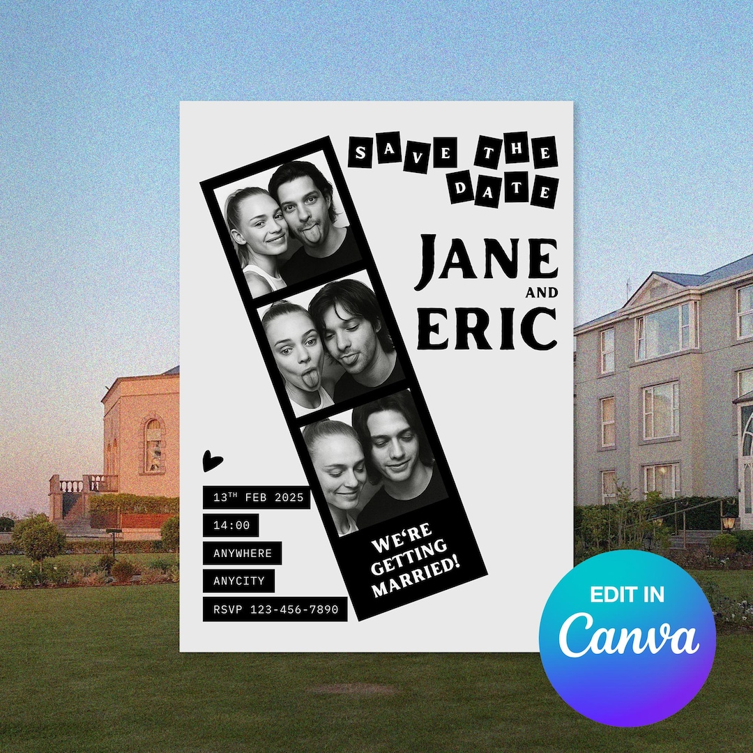 Photo Booth Wedding Invitation Template – Editable Canva Save the Date ...