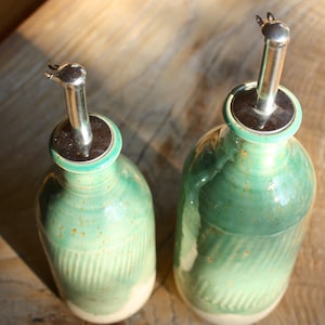 stoneware ceramic bottle, turned, with steel spout and cap, for the table, oil, vinegar, soy sauce, water, wine