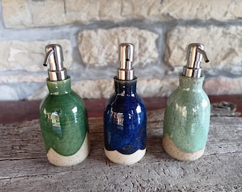 Liquid soap dispenser, turned, in stoneware ceramic, various colors