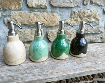 Liquid soap dispenser, turned, in stoneware ceramic, various colors