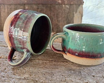 Large mug, stoneware ceramic mug, turned, raspberry-green glaze