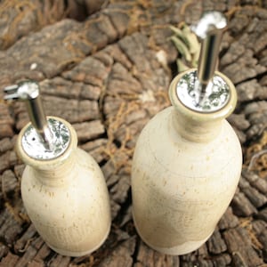 stoneware ceramic bottle, turned, with spout and steel cap, for the table, oil, vinegar, soy sauce, water, wine