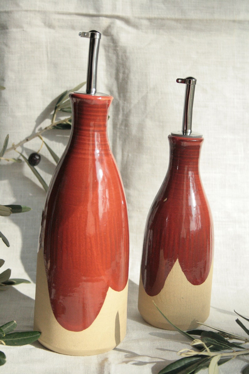 bouteille en céramique en grès, tournée, avec bec et bouchon en acier, pour la table, huile, vinaigre, sauce soja, eau, vin image 2