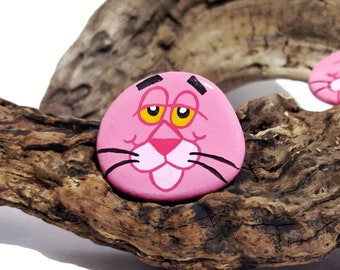 Pink Panther Stone Painting: Handmade Acrylic Cartoon Pebble Art