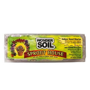 May include: A clear plastic container with 12 individual peat pots filled with soil. The container is labeled "Wonder Soil Sprout House" and includes instructions for growing herbs with worm castings.