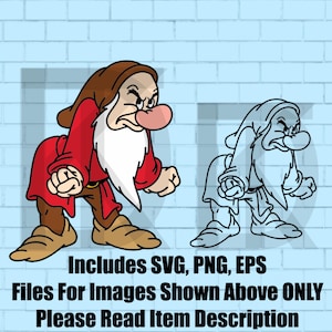Könnte beinhalten: Eine digitale Grafik mit einer farbigen Illustration einer mürrischen Figur mit weißem Bart, braunem Hut, roter Tunika und brauner Hose sowie einer schwarz-weißen Strichzeichnung. Der Text lautet: Includes SVG, PNG, EPS. Files For Images Shown Above ONLY. Please Read Item Description.