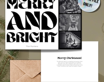May include: A holiday-themed digital file with the words "MERRY AND BRIGHT" in bold black letters. The image includes a photo strip with black and white photos, a kraft paper envelope, and a card that says "Merry Christmas!"