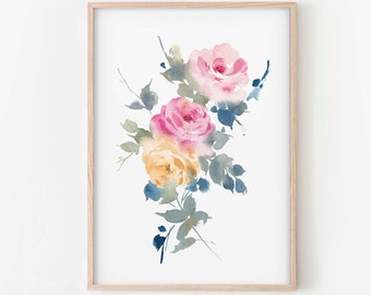 Watercolor Pink Roses Print, Romantic Floral Wall Art, Loose Watercolor Florals, Nursery Decor, DIGITAL DOWNLOAD