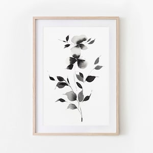 Printable Black And White Watercolor Flower Wall Art, Abstract Single Flower Print, Minimalist Black And White Wall Art, DIGITAL DOWNLOAD