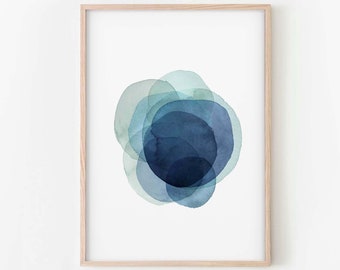 Modern Blue Shapes Digital Print, Abstract Watercolor Circles Wall Art, INSTANT DOWNLOAD