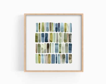 Modern Blue and Green Shapes Art, Simple Watercolor Geometric Wall Art, Square Print, INSTANT DOWNLOAD