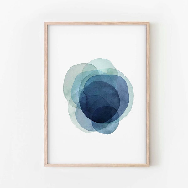 Modern Blue Shapes Digital Print, Abstract Watercolor Circles Wall Art, INSTANT DOWNLOAD
