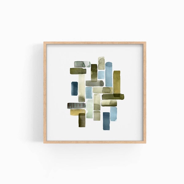 Blue Green Brush Stroke Print, Watercolor Geometric Art, Modern Hand Drawn Shapes, Simple Geometric Wall Art, Square Print, INSTANT DOWNLOAD