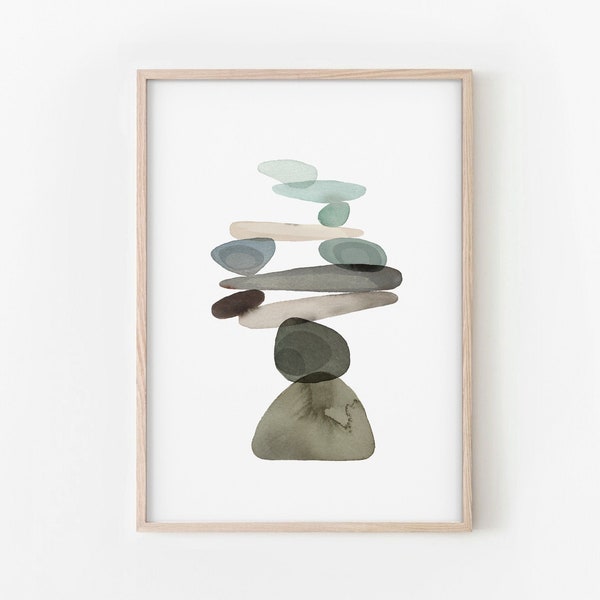 Mint Green Balancing Stones Digital Art Print,Balancing Stones Wall Art,Watercolor Rocks,Printable Abstract Art,Green Art,Modern Wall Art