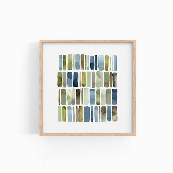 Modern Blue and Green Shapes Art, Simple Watercolor Geometric Wall Art, Square Print, INSTANT DOWNLOAD