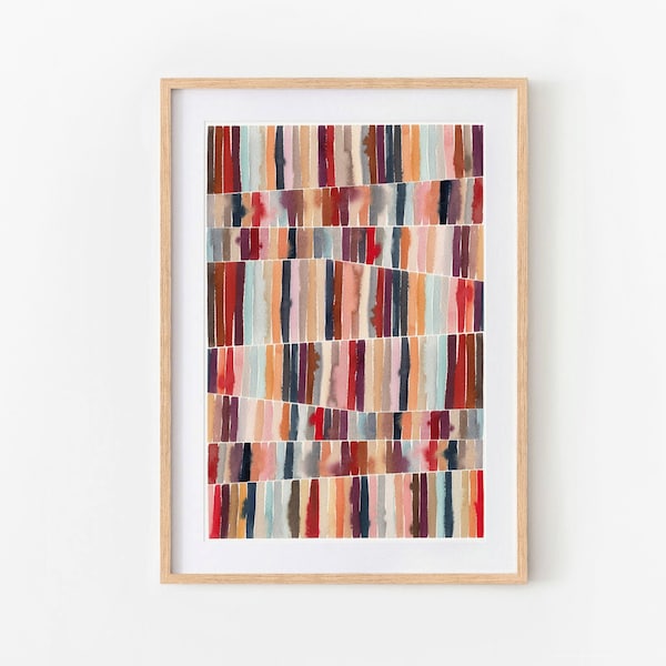 Printable Abstract Watercolor Red Stripe Wall Art, Geometric Modern Wall Art, Abstract Red Art Print, Colorful Prints, Instant Download