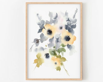Watercolor Flowers Wall Art, Yellow Anemones, Botanical Floral Print, Abstract Flowers Print, Nursery Floral Decor, DIGITAL DOWNLOAD
