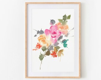 Aquarel rozen Fine Art Print, roze botanische bloemenkunst, losse aquarel bloemen Art Print, moderne bloemen kunst aan de muur, gicleekunst